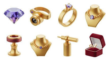 Jewelry Collection Diamond Ring Necklace Stand Magnifier 3D Rendered Illustration Isolated