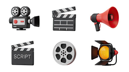 Film Production Equipment 3D Renderings Featuring Camera, Clapperboard, Megaphone, and Studio Light