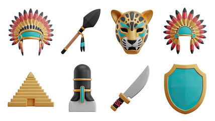 Aztec and Mayan Civilization 3D Renderings Featuring Headdresses, Weapons, and Architectural Elements