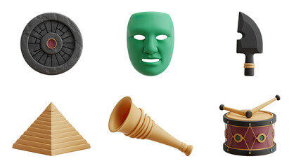 Ancient Artifacts 3D Renderings Featuring Wheel, Mask, Axe, Pyramid, Horn, and Drum on Transparent
