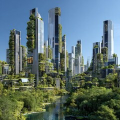 Lush Green Metropolis with Skyscrapers and Nature Integration in Futuristic Cityscape