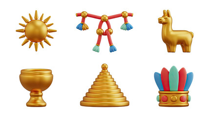 Inca Civilization 3D Renderings Featuring Sun, Ornament, Llama, Chalice, Pyramid, and Headdress