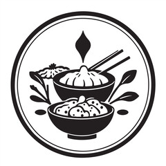 A vector style logo featuring a classic black and white silhouette of Korean food on a white background