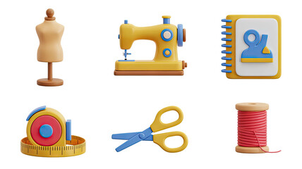 Mannequin, Sewing Machine, Address Book, Measuring Tape, Scissors, Thread 3D Render on Transparent