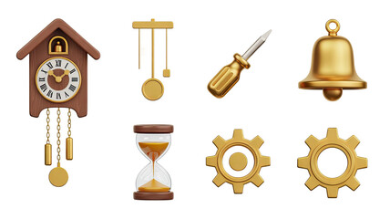 Cuckoo Clock, Pendulum, Screwdriver, Bell, Hourglass, Gear 3D Render on Transparent Background