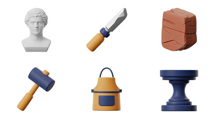 Bust, Chisel, Clay, Mallet, Apron, Stand 3D Render on Transparent Background
