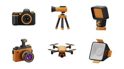 Black and Orange Camera, Tripod, Flash, and Drone 3D Render on Transparent Background