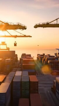 International cargo container port and industrial equipment at ship terminal pier servicing international global commerce and trade