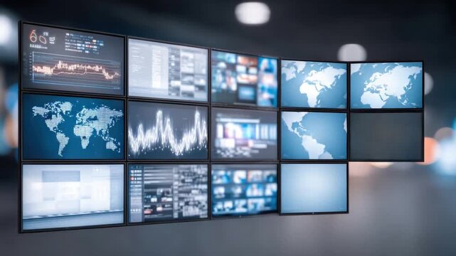 Global Insights: The complex network of screens displays dynamic global data, illuminating intricate patterns and trends, evoking feelings of innovation and connectivity. - Powered by Adobe