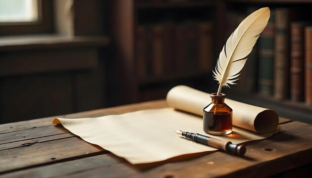 An antique quill and inkwell on a table, with a backdrop of a bookcase, highlighting the essence of World Poetry Day