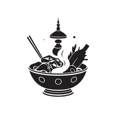 Classic black and white vectorized silhouette of Korean cuisine in a futuristic sci-fi aesthetic, presented on a white background
