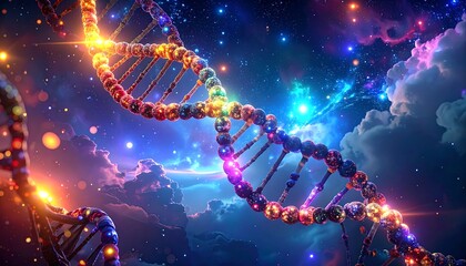 A swirling, colorful double helix against a vibrant, starry cosmic background, hinting at the mysteries of life and creation