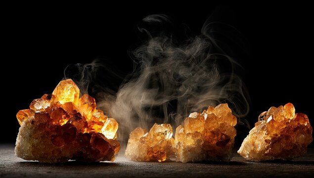 Glowing amber crystals emitting mystical smoke in dramatic lighting.