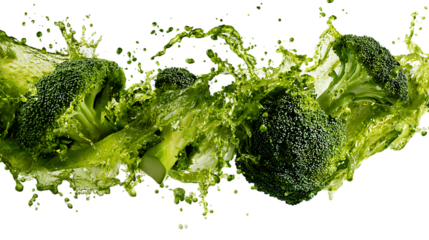 Fresh broccoli florets splashing in green juice isolated on transparent background.