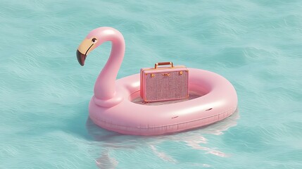 Pink Flamingo Pool Float with Suitcase on Water in Bright Summer Setting
