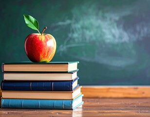 Red apple rests atop stacked books against a blurred chalkboard backdrop, evoking school, learning, and classic teacher symbols
