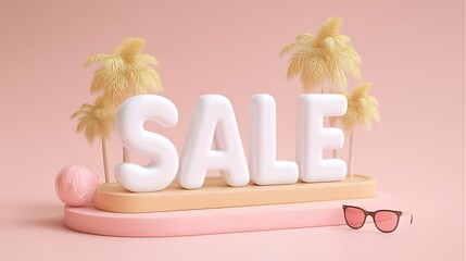 Bright Sale Sign with Pink Palm Trees and Sunglasses on Pastel Background