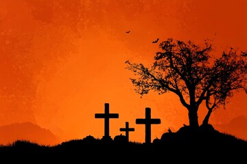 Graveyard silhouette against textured orange sky