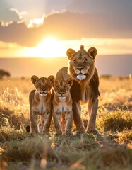 A male lion stands with two lion cubs as the sun sets behind them on a grassy plain, casting a warm, golden light across the scene