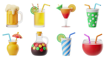 Tropical Drinks 3D Render Set Beer Juice Cocktail Lemonade Umbrella on Transparent
