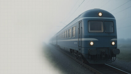 Naklejka premium Misty Railway Journey: A lone passenger train steams its way through a tranquil, atmospheric landscape blanketed in a soft, ethereal fog, evoking feelings of travel and adventure.