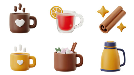 Obraz premium Warm Winter Drinks Collection with Mugs and Cinnamon Sticks on Transparent Background