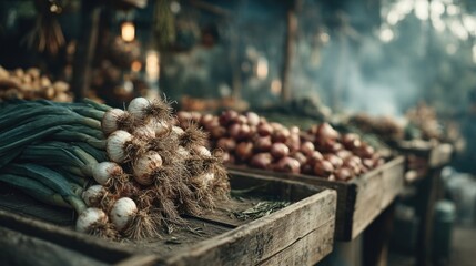 Rustic market stall featuring freshly harvested garlic and onions on display