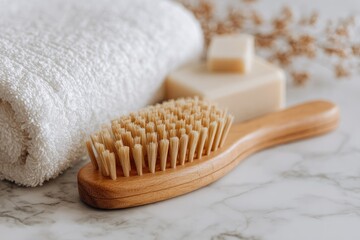 Natural Wooden Hairbrush and White Towel with Soap on Marble Surface.