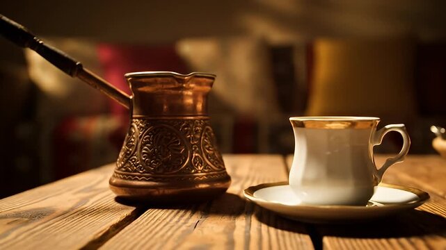 Traditional Copper Turkish Coffee Pot and Cup on a Rustic Wooden Table, Cozy Ambiance