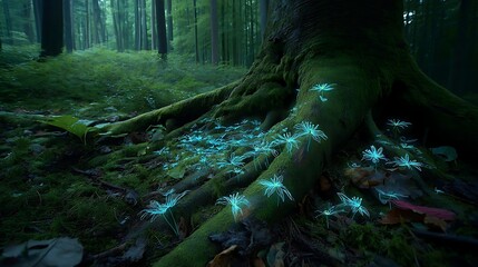 Bioluminescent Mushrooms on Forest Floor with Large Tree Root in Dark Green Forest Scene