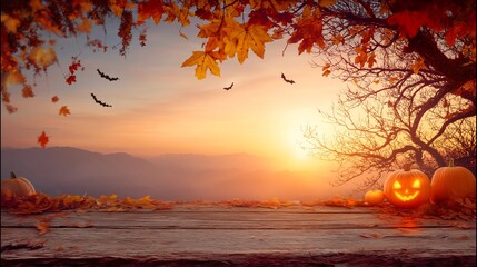 Sunset panorama with jack o lanterns bats and autumn leaves on rustic table