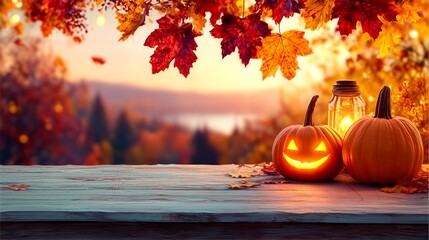 Pumpkins and lantern on rustic table at autumn sunset with colorful leaves