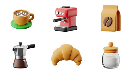 3D Coffee Time Still Life with Espresso Machine, Croissant, and Sugar Jar on Transparent Backdrop