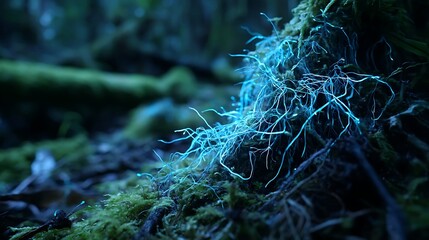 Glowing Blue Neural Network Fungi on Forest Floor in Low Light
