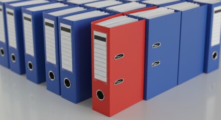 Vibrant red ring binder stands out among a row of uniform blue folders