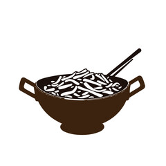 Korean food depicted as a classic black and white vector silhouette on a cast bronze surface, finished with a timeless, elegant, and antique patina, presented on white.