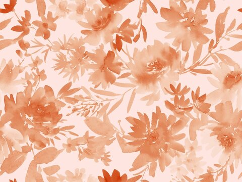 Watercolor Seamless Floral Pattern with Abstract Hand painted monochrome terracotta orange dahlias and wild flowers. Autumn floral textile design for fabric and stationary.  