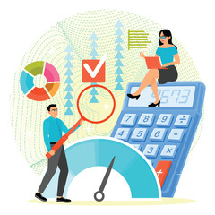 Benchmarking Concept. Business Data Analysis Featuring Calculator and Charts.
