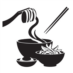 Modern flat design, classic black and white vector silhouette of Korean food against a pure white background, embodying timeless elegance with simple, two-dimensional shapes 