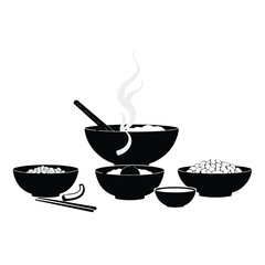 Modern flat design, classic black and white vector silhouette of Korean food against a pure white background, embodying timeless elegance with simple, two-dimensional shapes 