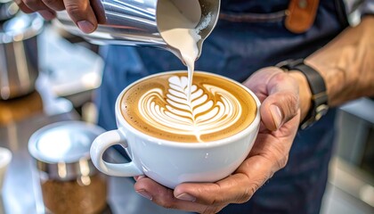 Close-up of hands pouring foamed milk into a coffee cup, creating latte art, with blurred background and soft lighting