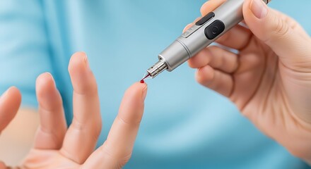 Close-up of a person using a lancet device to prick their finger for a blood glucose test.