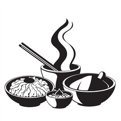 Modern flat design, classic black and white vector silhouette of Korean food against a pure white background, embodying timeless elegance with simple, two-dimensional shapes