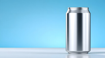 Shiny aluminum can silver metal blank packaging beverage container dented surface minimal design blue background studio light copy space clean texture with calm mood and realistic detail