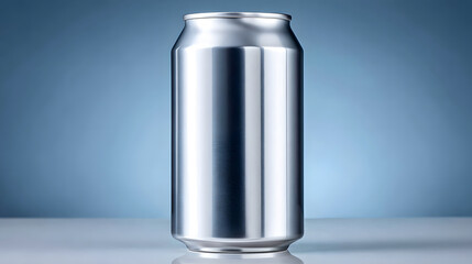 Aluminum can dented shiny silver beverage container blank metal mockup Minimal shiny silver aluminum can with subtle dent, blank beverage container blue gradient background, clean reflective metal