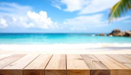 Fototapeta premium Light wooden planks overlay a blurred beach scene, featuring teal waves, light sand, and a sunny sky with few puffy clouds