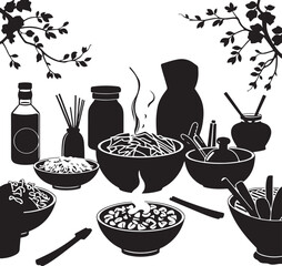 Showcasing Korean food through black and white vector silhouettes in an isekai anime style, this image on a white background offers a timeless, elegant aesthetic with an expressive arrangement.
