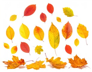 Naklejka premium An array of colorful autumn leaves in yellow, orange, & red hues arranged on a stark white background. Composition is clean and minimalist