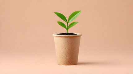 Fototapeta premium Eco friendly sustainable seedling potted plant recycled paper cup minimal beige green leaves soil growth. Eco friendly sustainable seedling recycled paper cup minimal beige background