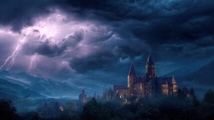 Dramatic Lightning Over an Enchanting Castle in Dark Stormy Sky